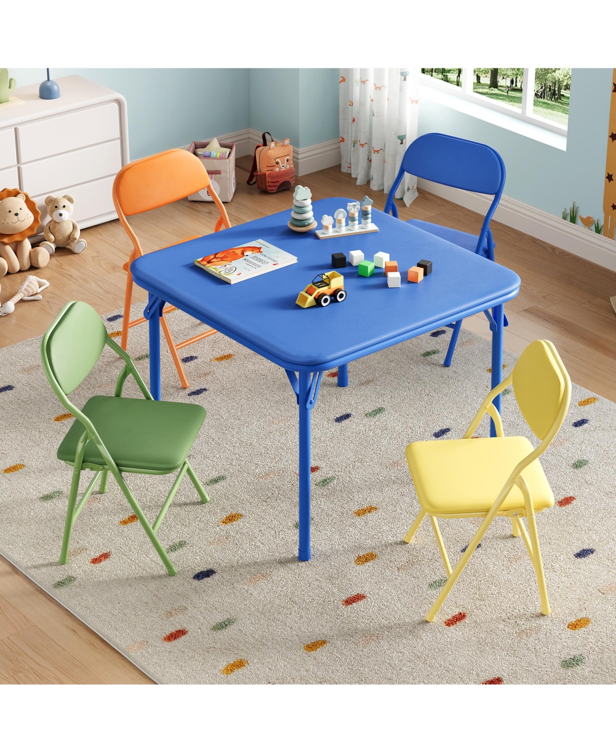 homfan 5-Piece Kids Folding Table and Chairs Set – Pu Cushioned Square Table, Durable Metal Frame, Portable, Space-Saving, Ideal for Dining, Crafts