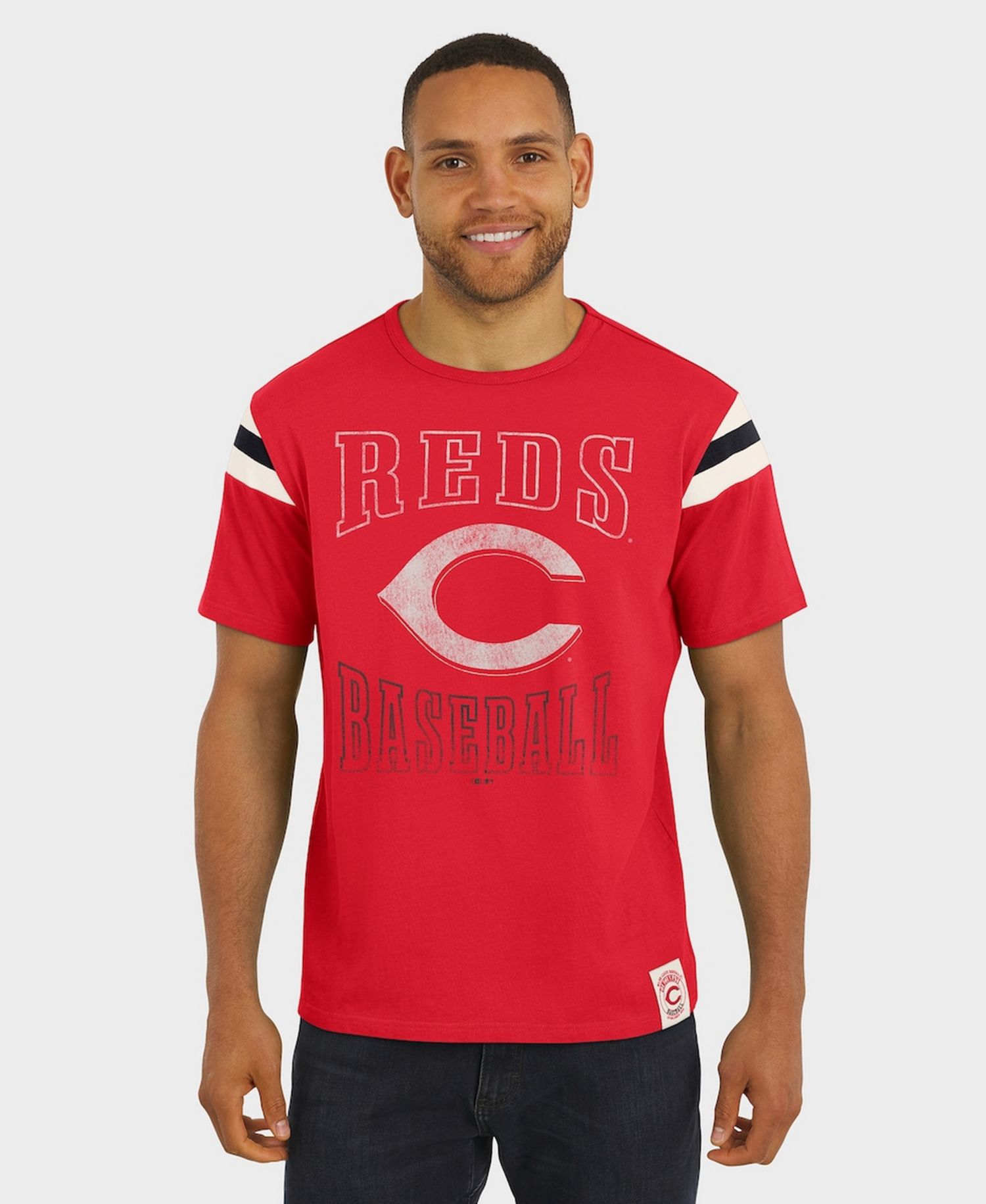 Darius Rucker Collection By Men's Red Cincinnati Reds Distressed Sleeve Stripe T-Shirt