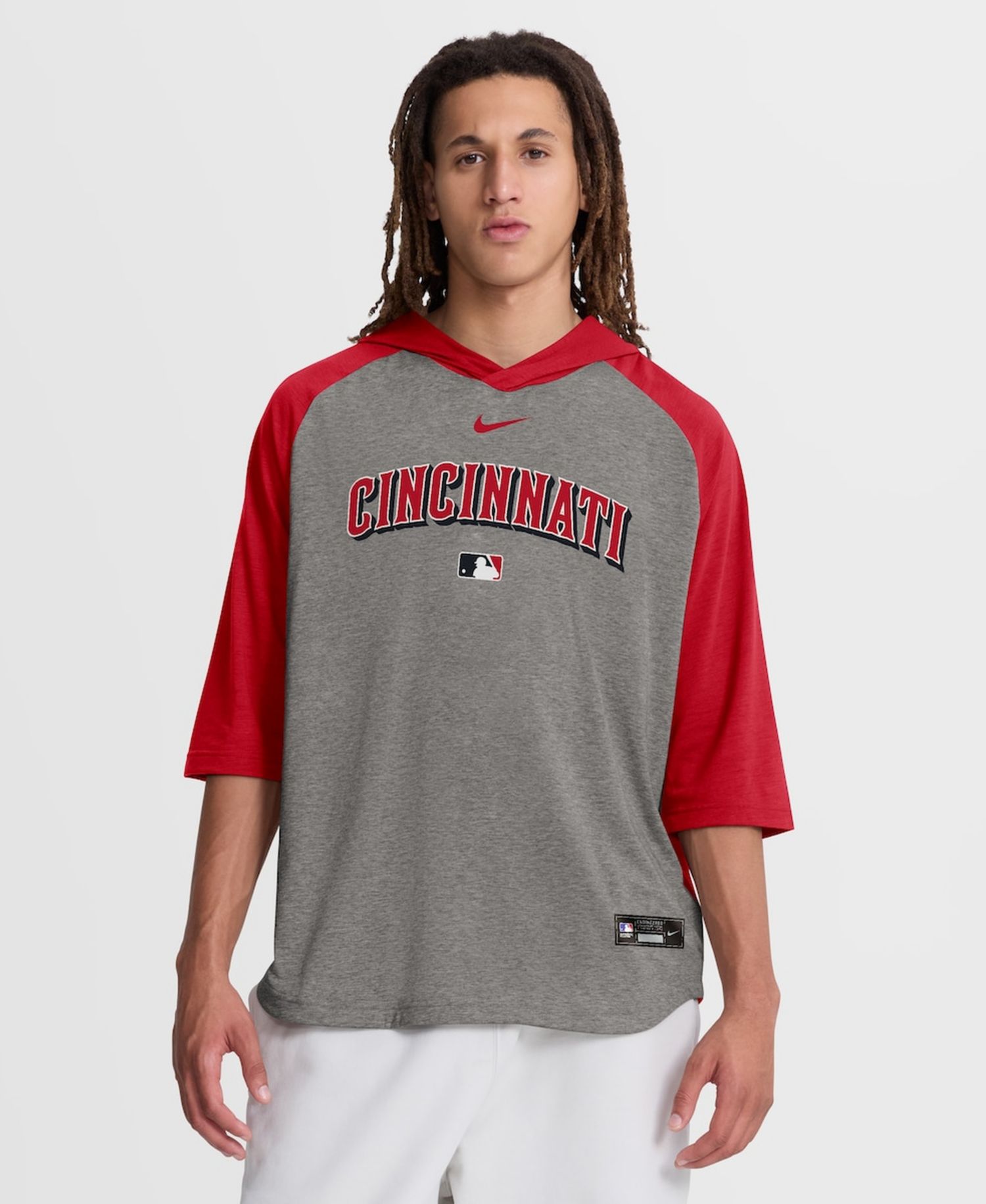 Men's Red Cincinnati Reds Authentic Collection Flux Dri-FIT Raglan 3/4-Sleeve Hooded T-Shirt