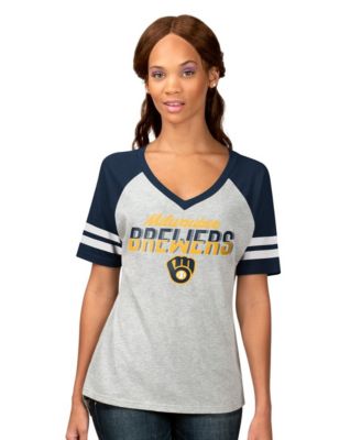 Women's Heather Gray Milwaukee Brewers Goal Line Raglan V-Neck T-Shirt