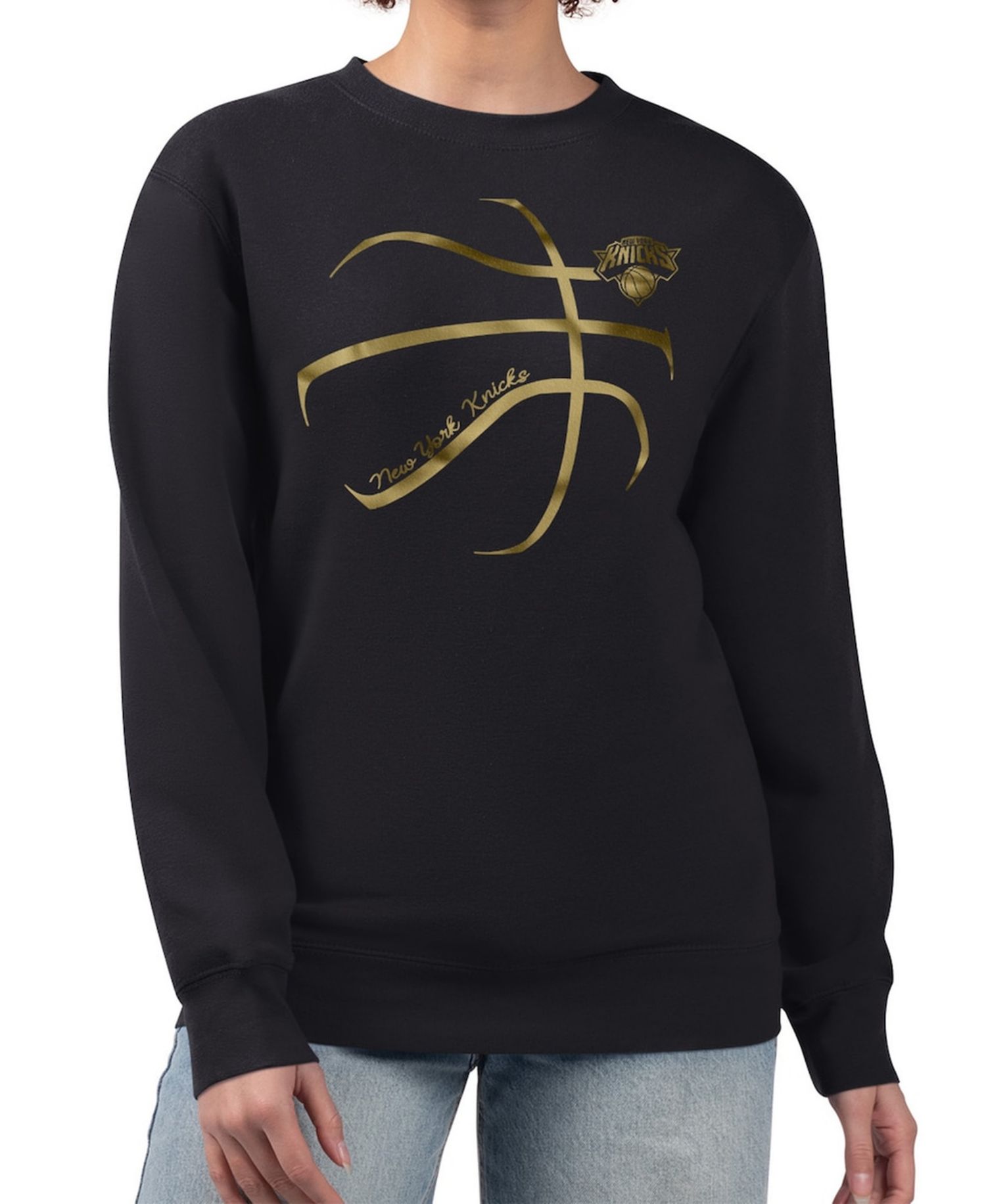 Women's Black New York Knicks Metallic Print Basketball Sketch Fleece Sweatshirt