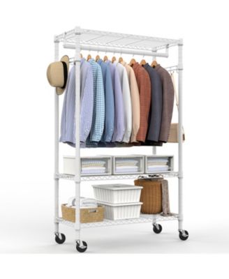 Rolling Garment Rack 3 Tiers, , with Rods and Side Hooks, Adjustable Wire Shelving Clothes Rack, Heavy Duty Metal Clothing Racks