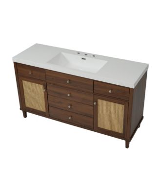 60 Inch  Bathroom Vanity with SMC Sink Modern Large Storage Soft Close Drawers Rattan Doors  Knobs 5 Pine Legs