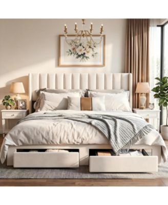Upholstered Bed Frame with Storage Drawer, Heavy-Duty Steel Framework and Wooden Slats, Tufted Headboard, No Box Spring