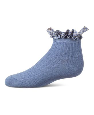 Girls Ribbed Cotton-Rich Checkered Ruffle-Trim Ankle Sock