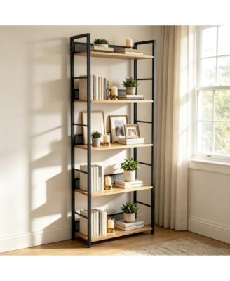 5 Tier Bookshelf with Metal Frame and Wood Shelves, Tall Industrial Bookcase Storage Rack for Bedroom Living Room Home Office