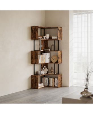 6-Tier L-Shaped Corner Bookshelf, Industrial Metal Frame Space-Saving Storage Rack with Wall Anchors, Freestanding Display Organizer