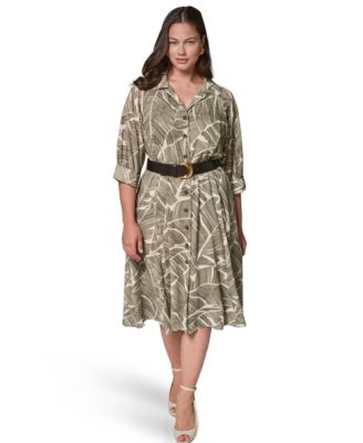 Plus Size Printed 3/4-Length-Sleeve Belted Midi Shirt Dress
