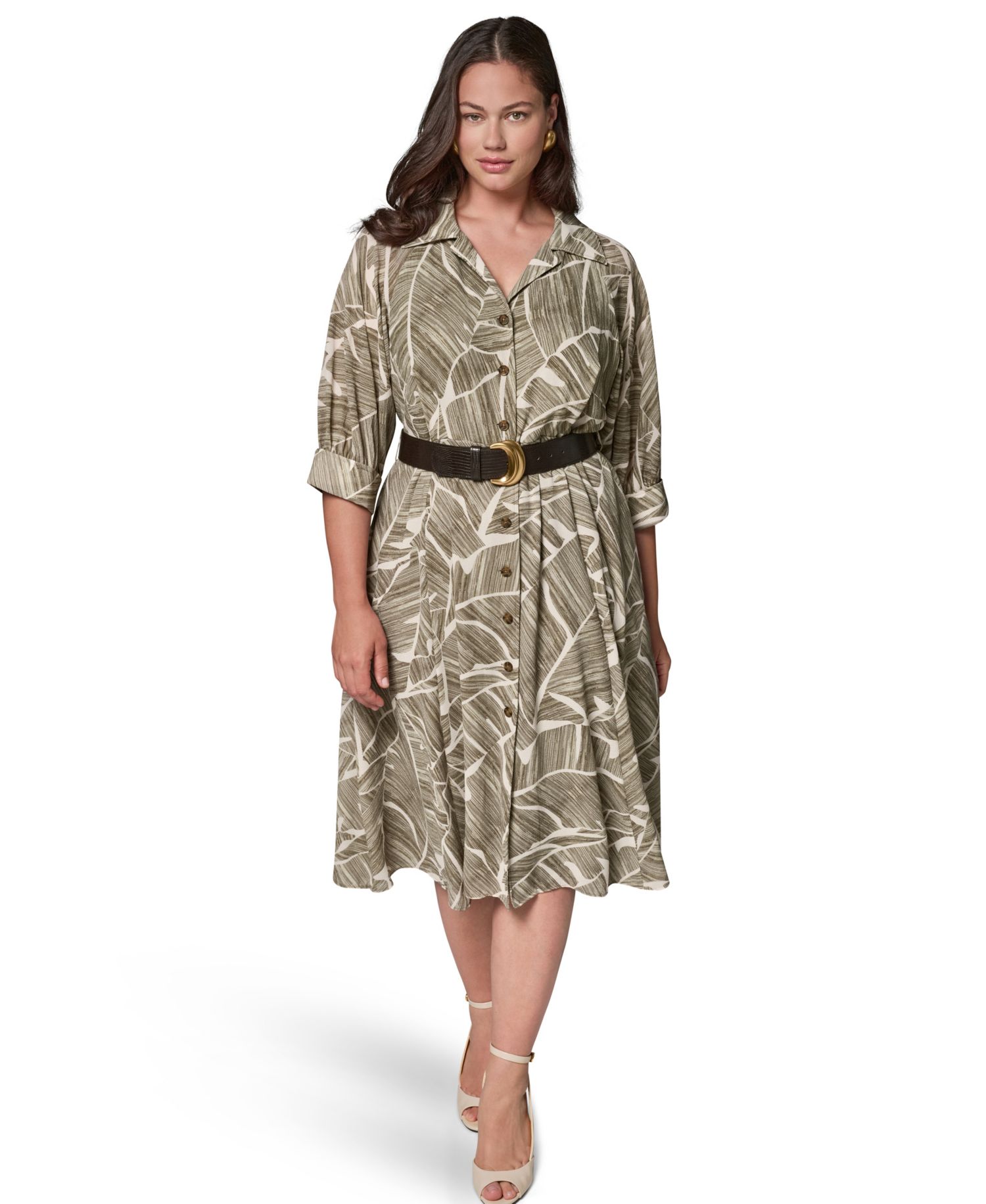 Plus Size Printed 3/4-Length-Sleeve Belted Midi Shirt Dress