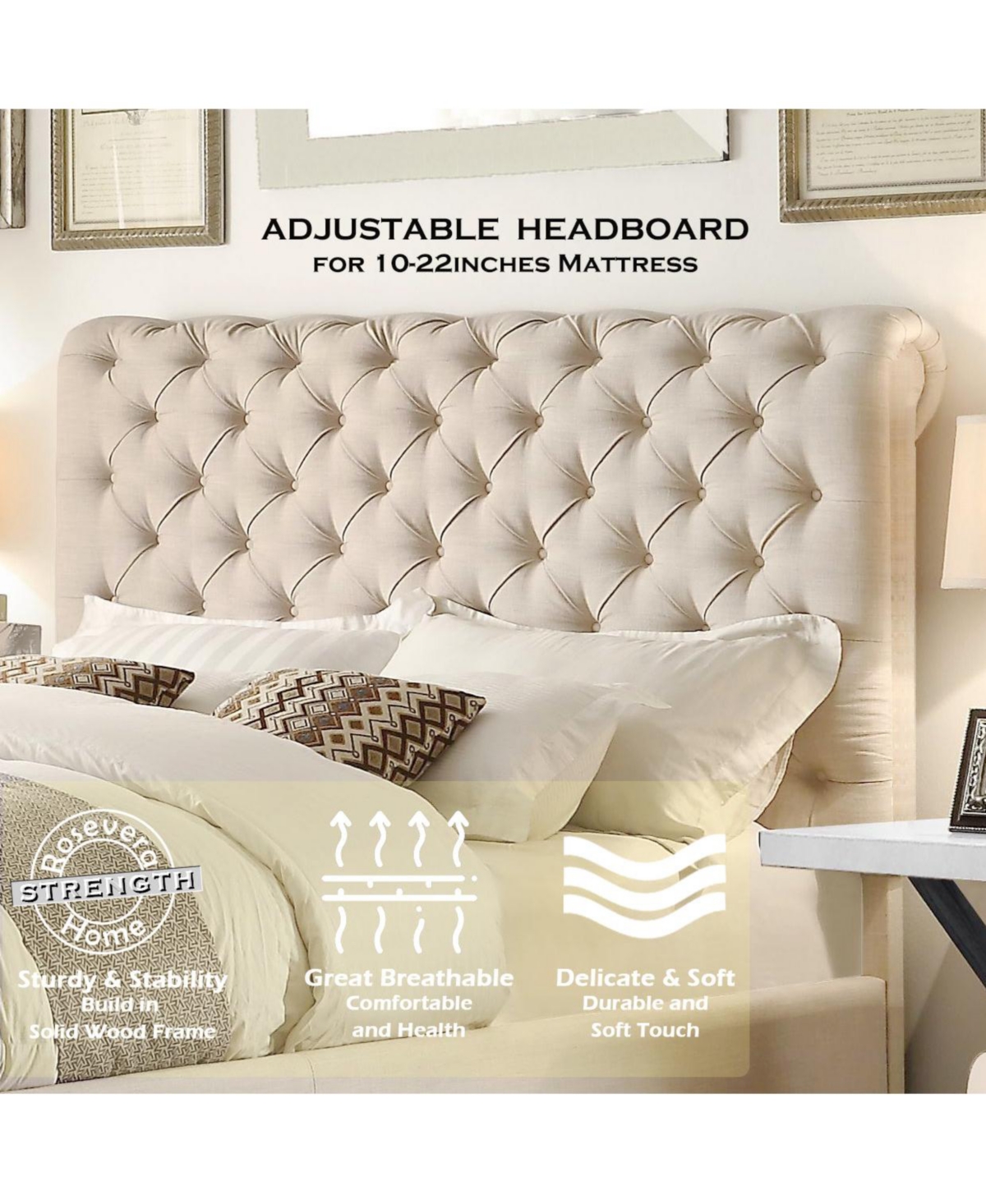 Boyel Living Luxury Upholstered Bed Frame with Tufted Headboard Platform Bed with Solid Wood Frame