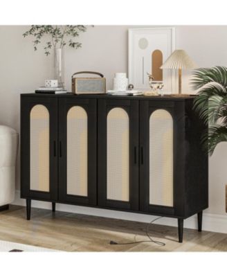 Modern Boho Rattan 4-Door Storage Console, Sideboard Buffet with Built-in Power Outlet and Adjustable Shelves for Multi-Room Use