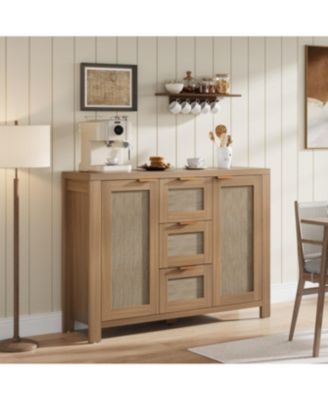 Spacious Rattan Buffet Sideboard Cabinet, 3 Drawers, Boho Accent Storage Credenza, Adjustable Shelves, Large Console for Kitchen, Dining Room