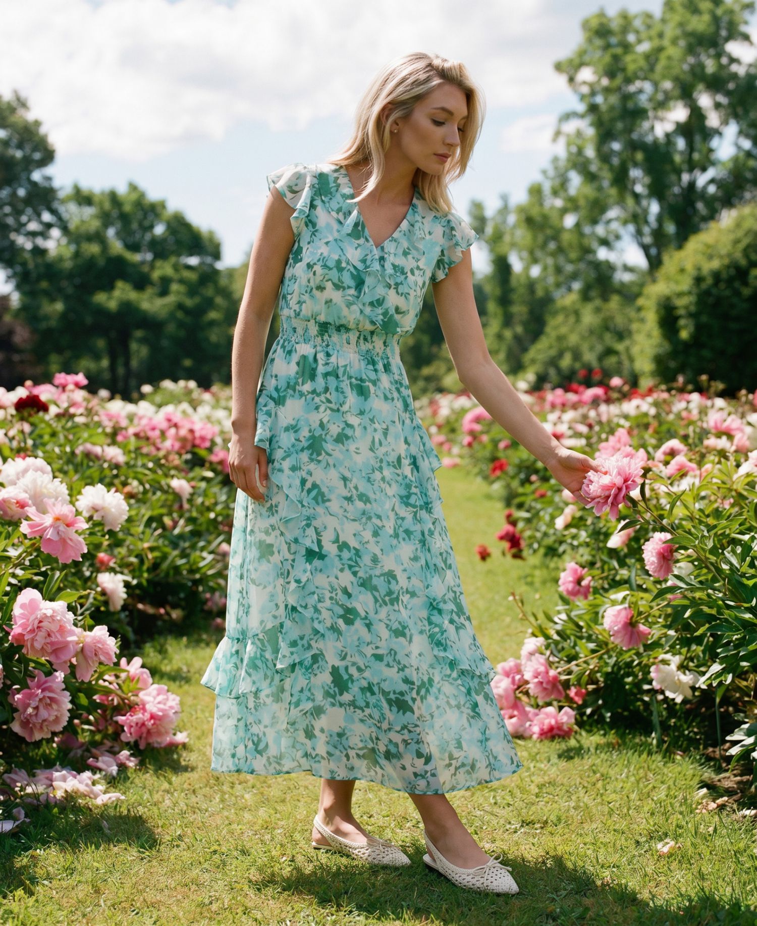 Women's Printed Ruffle Wrap Midi Dress