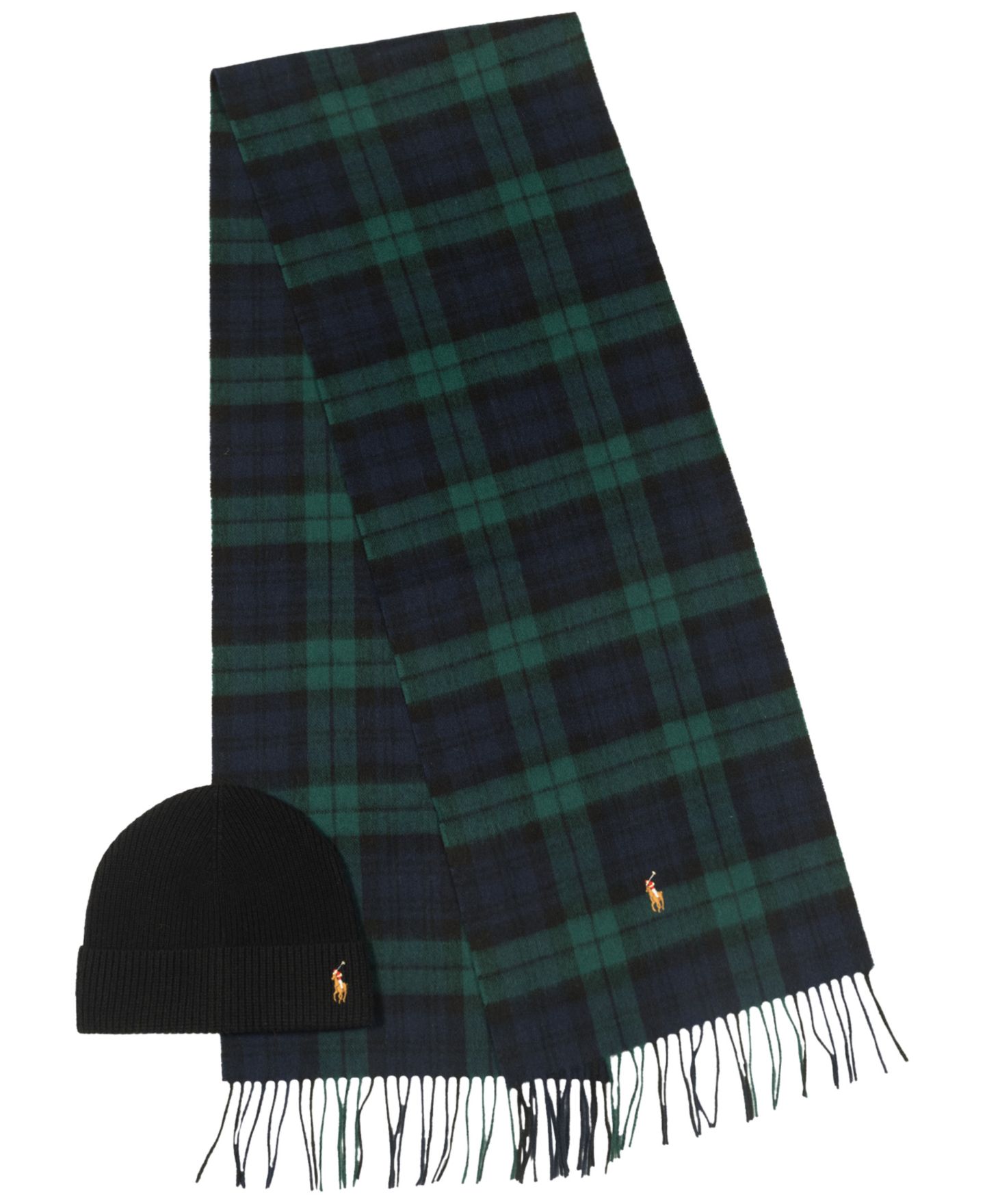 Мужские комплекты Polo Ralph Lauren Holiday Plaid Scarf and Beanie, 2-Pack Set, цвет: Blackwatch — фото 1