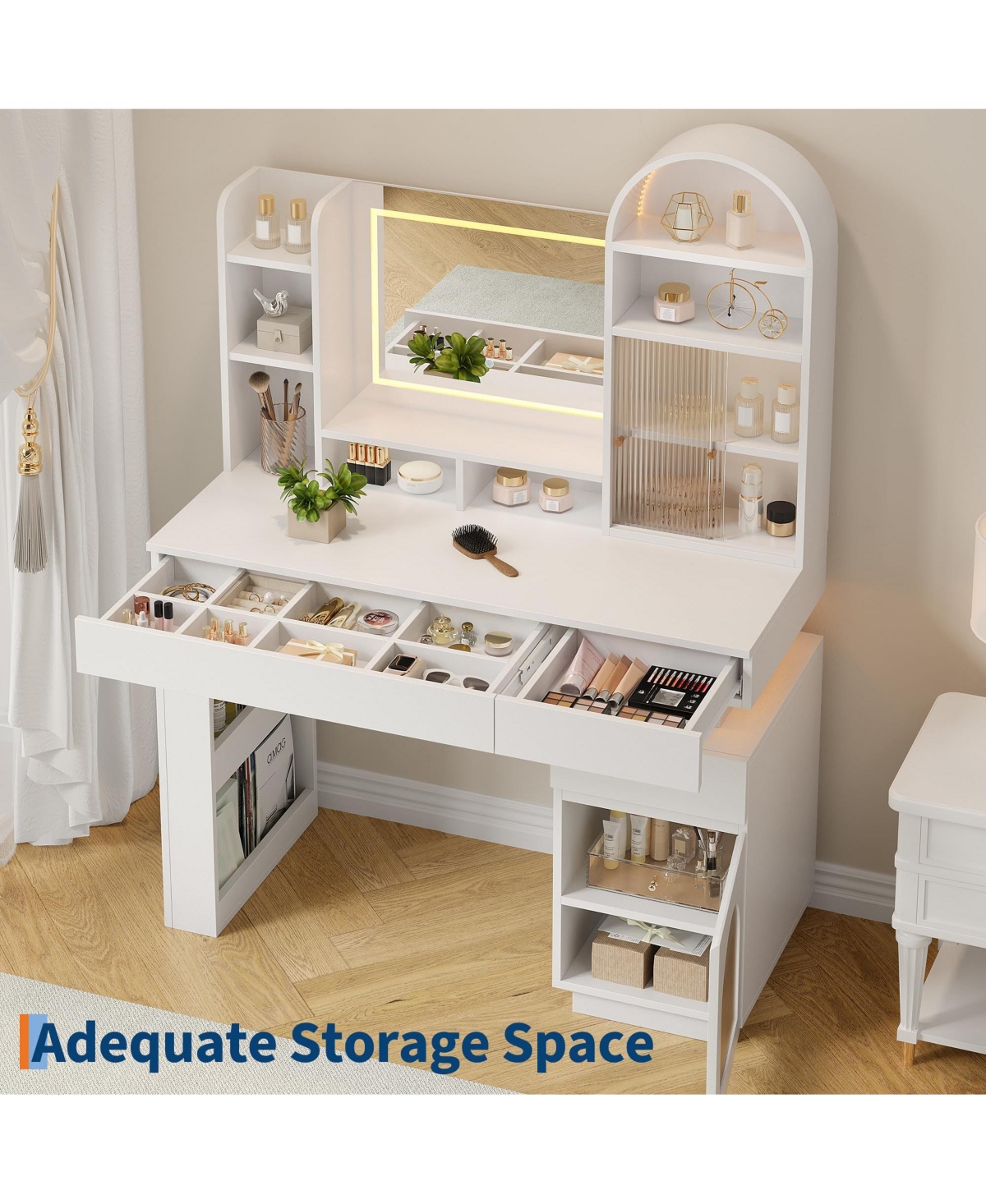 homfan Arched Vanity Desk Set with Lighted Mirror, 3 Drawers, 11 Shelves, Outlet and Stool