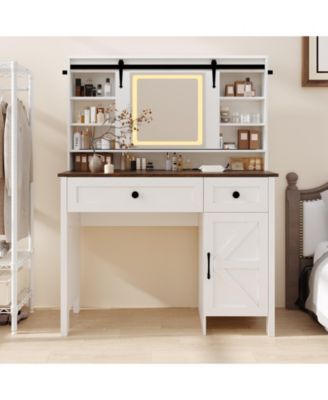 Makeup Vanity Desk with LED Mirror, Charging Station, 3 Drawers, Storage Cabinet, Shelves, Stool - Modern Bedroom Dressing Table for Women