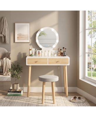 Makeup Vanity Desk, White Vanity Table and Cushioned Stool Set with 3 Colors Adjustable LED Mirror, Dressing Table with 2 Large Drawers