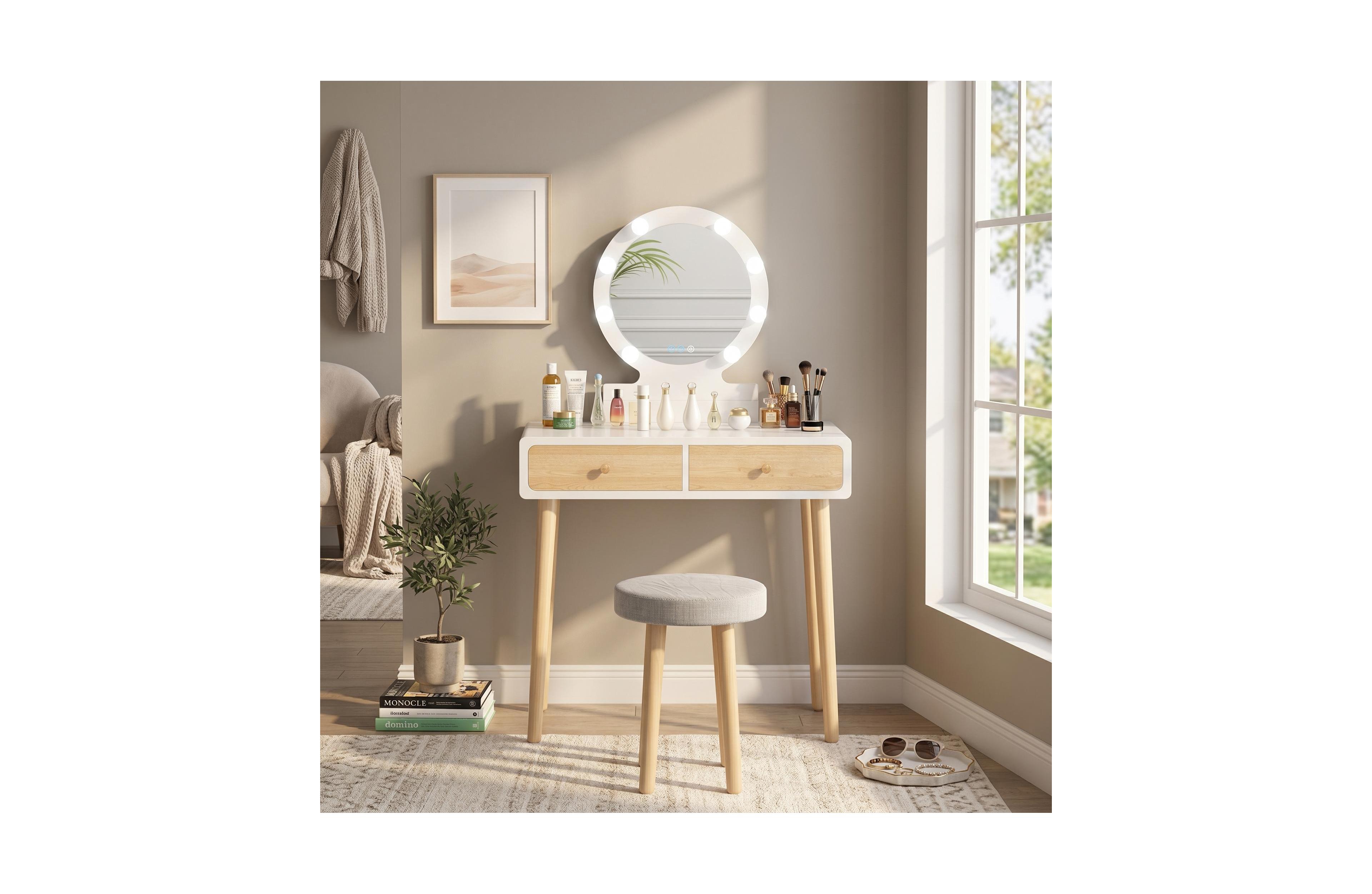 homfan Makeup Vanity Desk, White Vanity Table and Cushioned Stool Set with 3 Colors Adjustable Led Mirror, Dressing Table with 2 Large Drawers