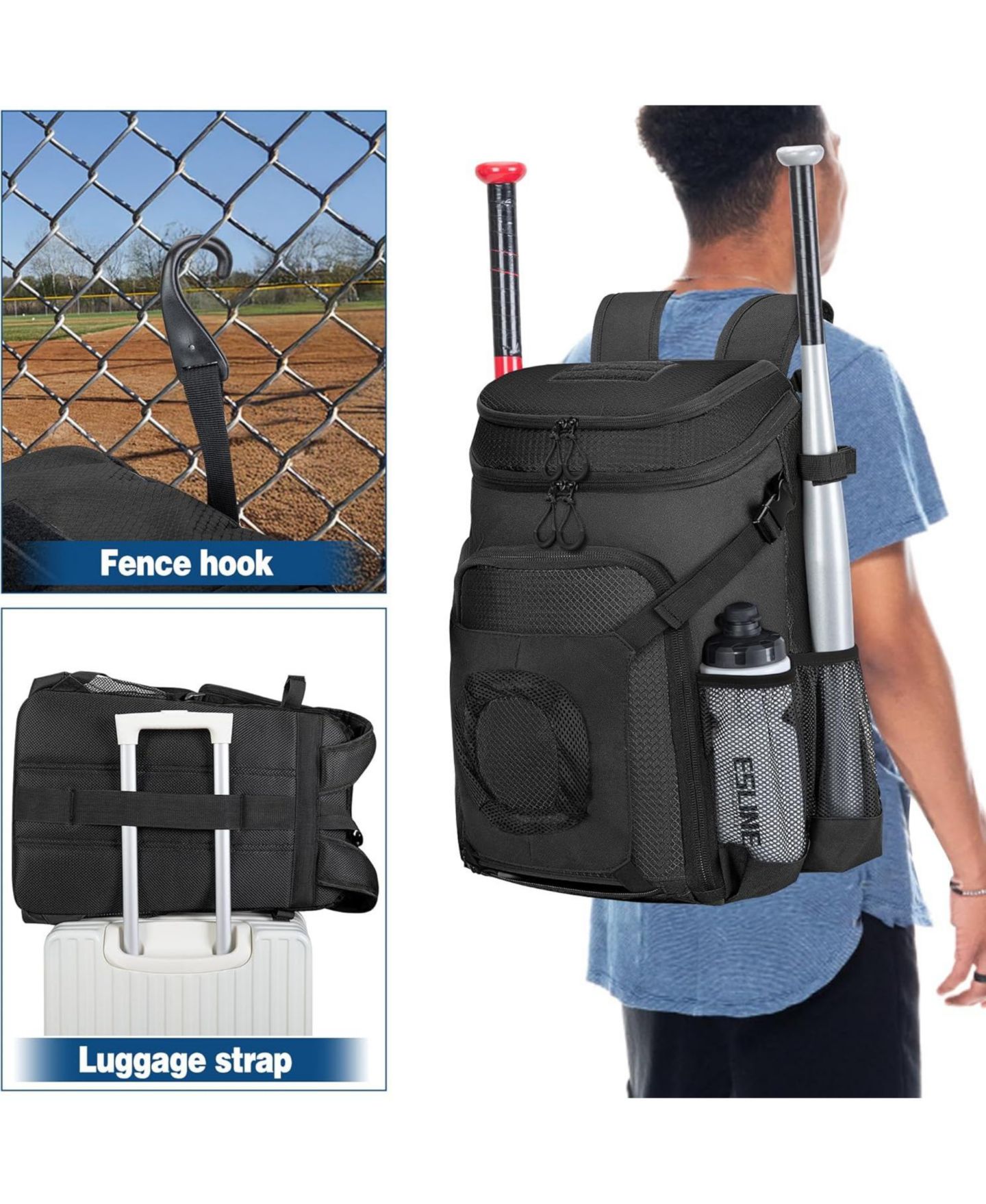 Рюкзак Furlihong Baseball Bag for Adult and Youth – Baseball Softball Bag with Helmet Holder, Shoe Compartment and Fence Hook для детей, цвет: Чёрный — фото 6