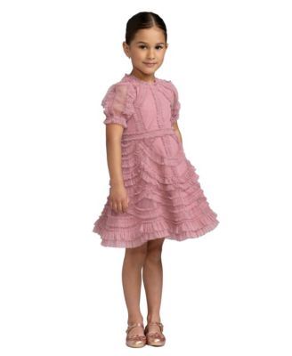 Big Girls High Neck Puff Sleeve Ruffle Mini Dress