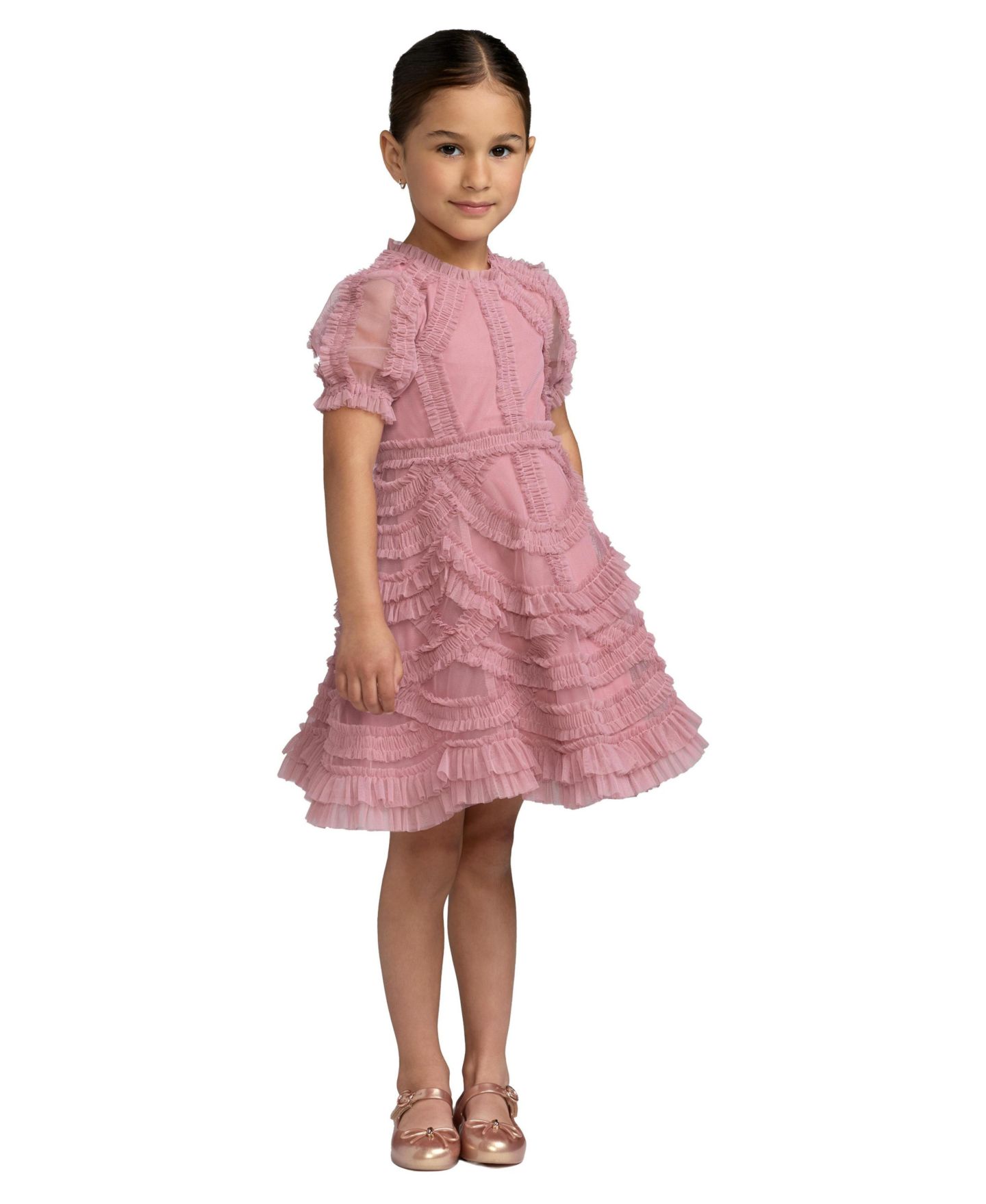 Платье Mac Duggal High Neck Puff Sleeve Ruffle Mini Dress для девочек, цвет: Состаренный розовый — фото 1