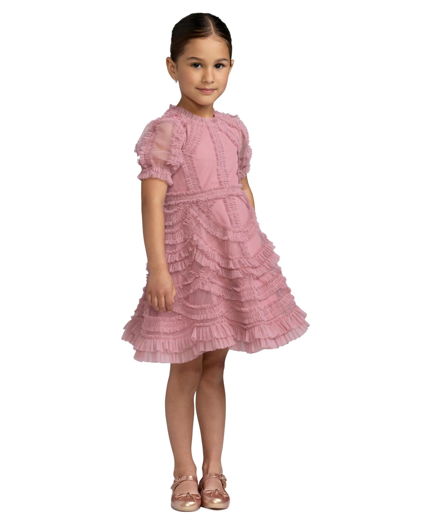 Big Girls High Neck Puff Sleeve Ruffle Mini Dress