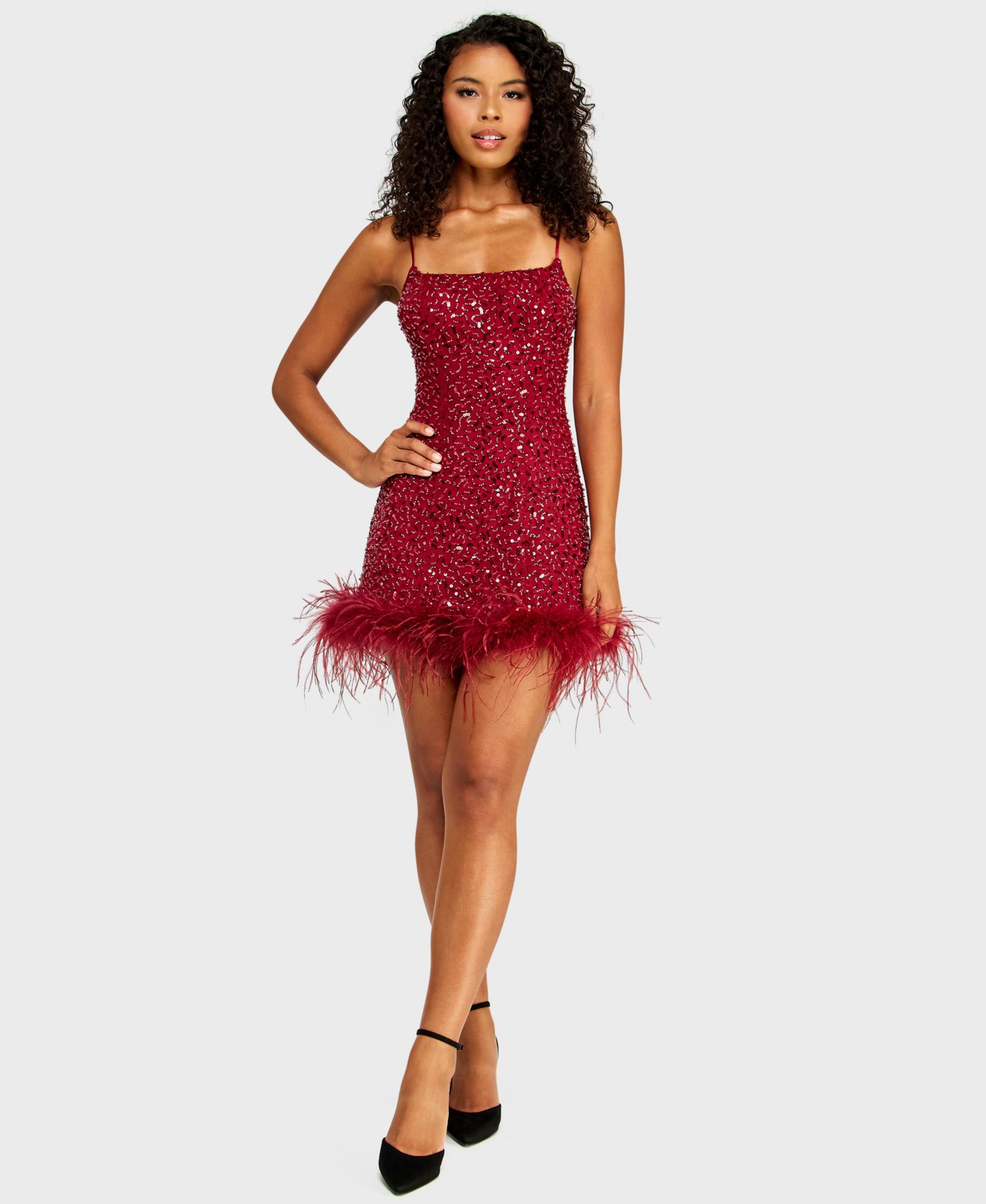 Juniors' Square Neck Bead & Imitation Pearl Detail Sequin Dress with Feather Hem