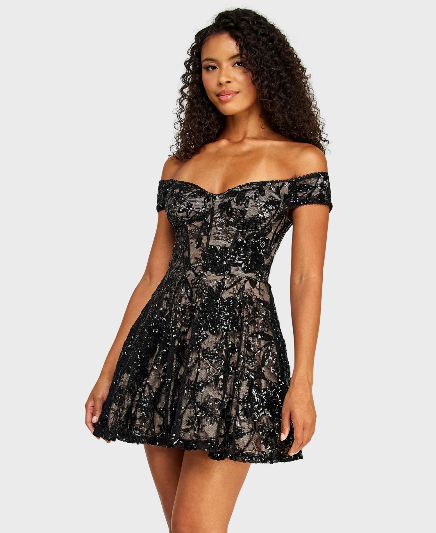 Juniors' Off-The-Shoulder Lace Sequin Corseted Dress