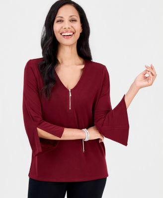 Women's V-Neck Zip-Front 3/4-Sleeve Top