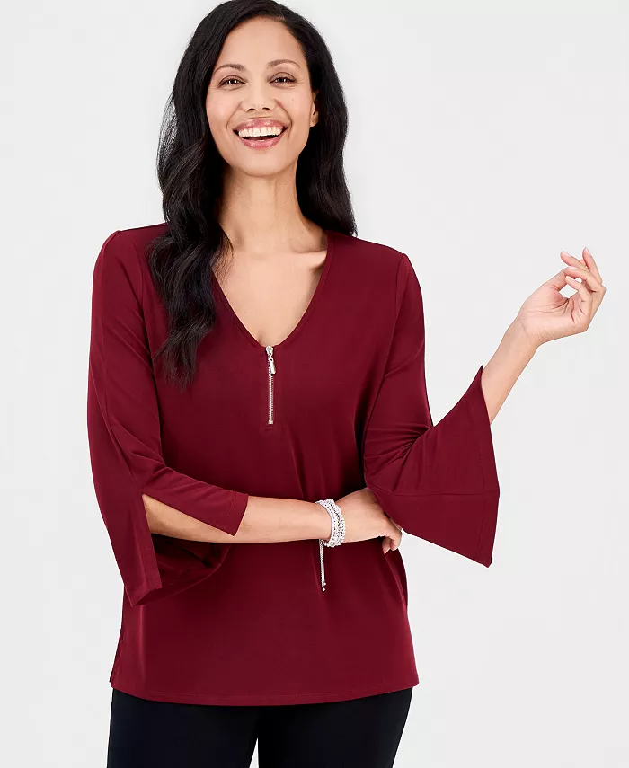 Women's Printed 3/4-Sleeve Zip-Front Top - thumbnail 4