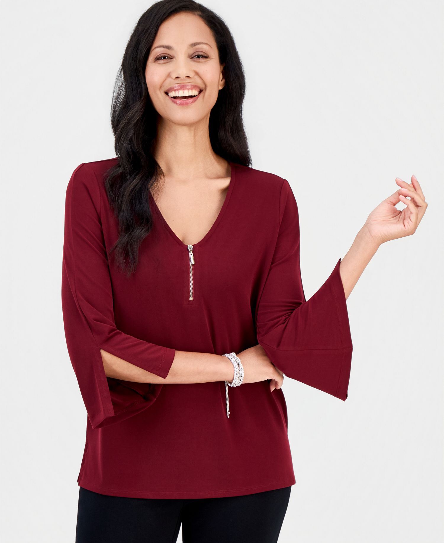 Petite V-Neck 3/4-Sleeve Zip-Front Blouse