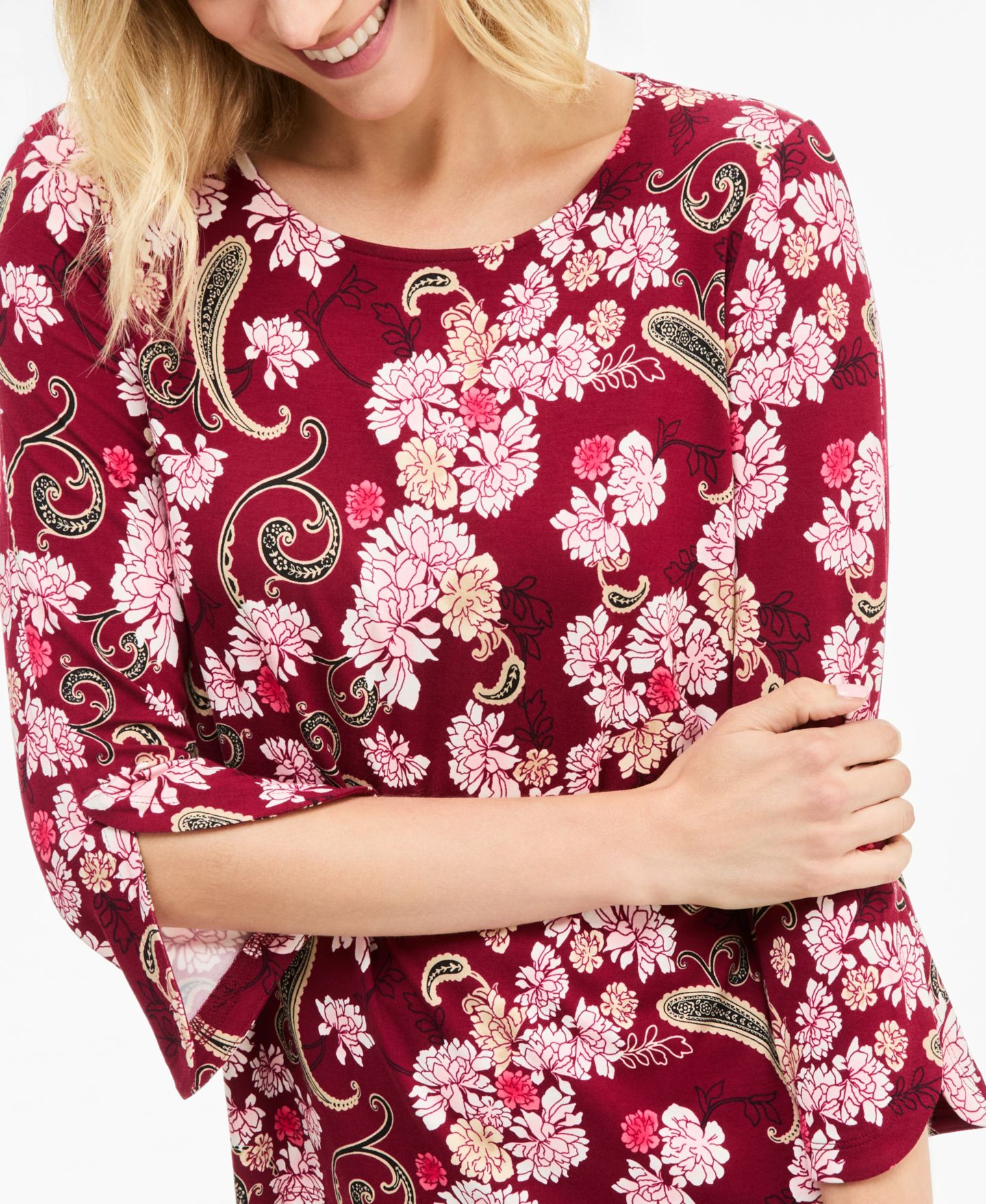 Женский топ JM Collection Floral-Print 3/4-Sleeve Tulip Top, цвет: Вишнёвый — фото 3
