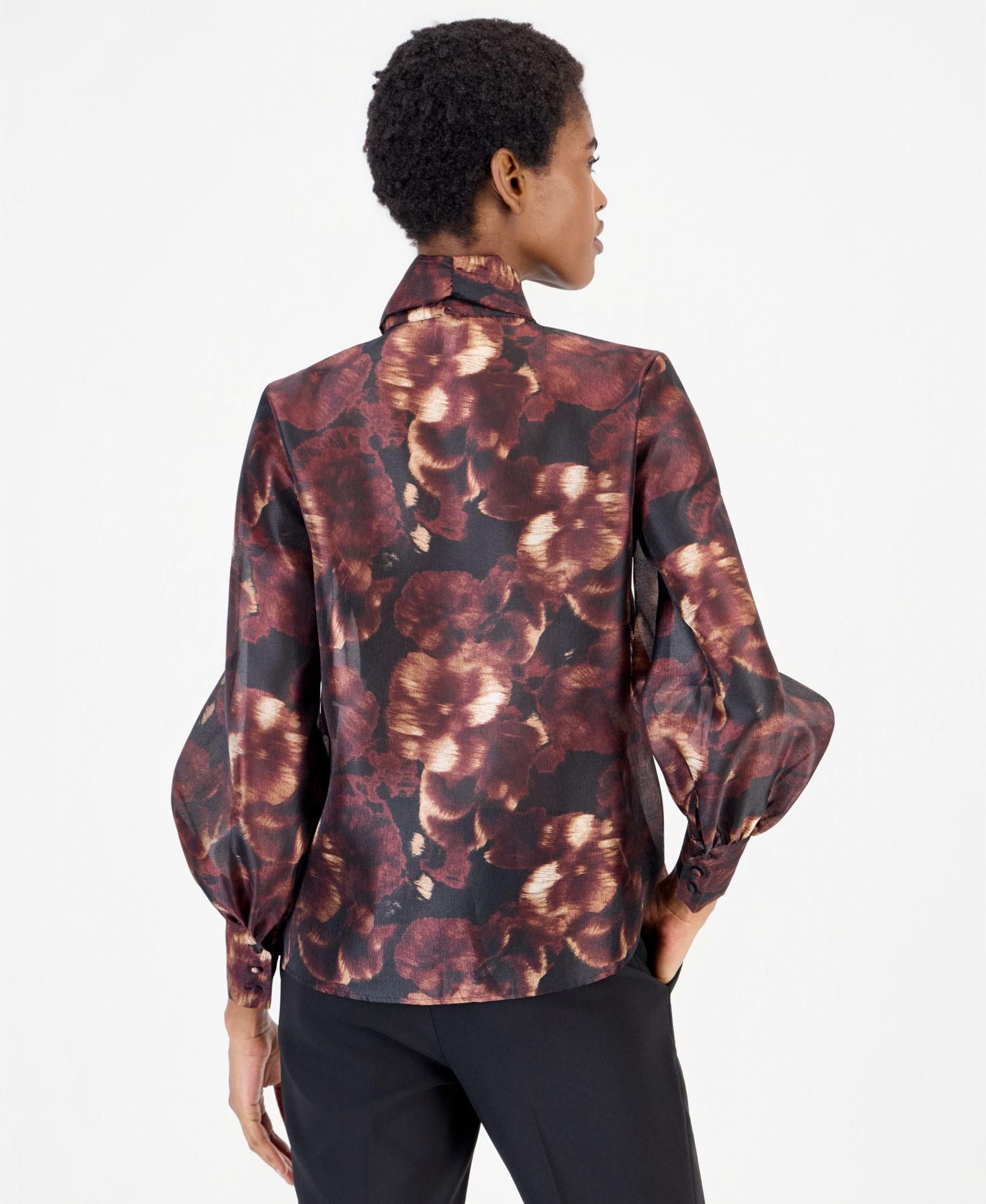 Women's Bow Neck Long Sleeve Floral Blouse