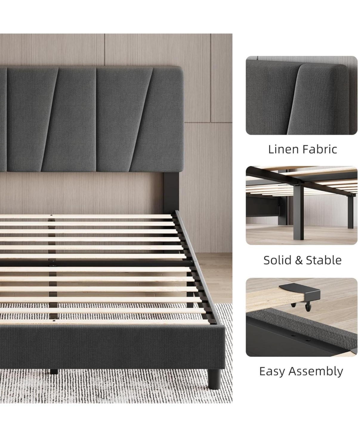 gaomon Bed Frame with Adjustable Headboard, Linen Upholstered Platform Bedframe with Strong Wooden Slats, Mattress Foundation