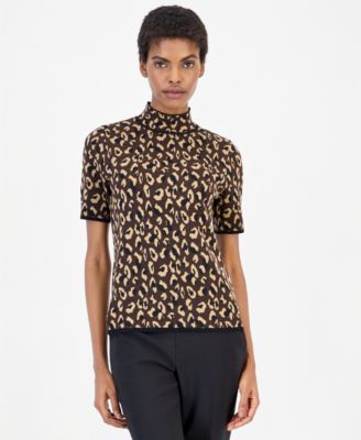 Women's Animal-Print Mock-Neck Short-Sleeve Sweater