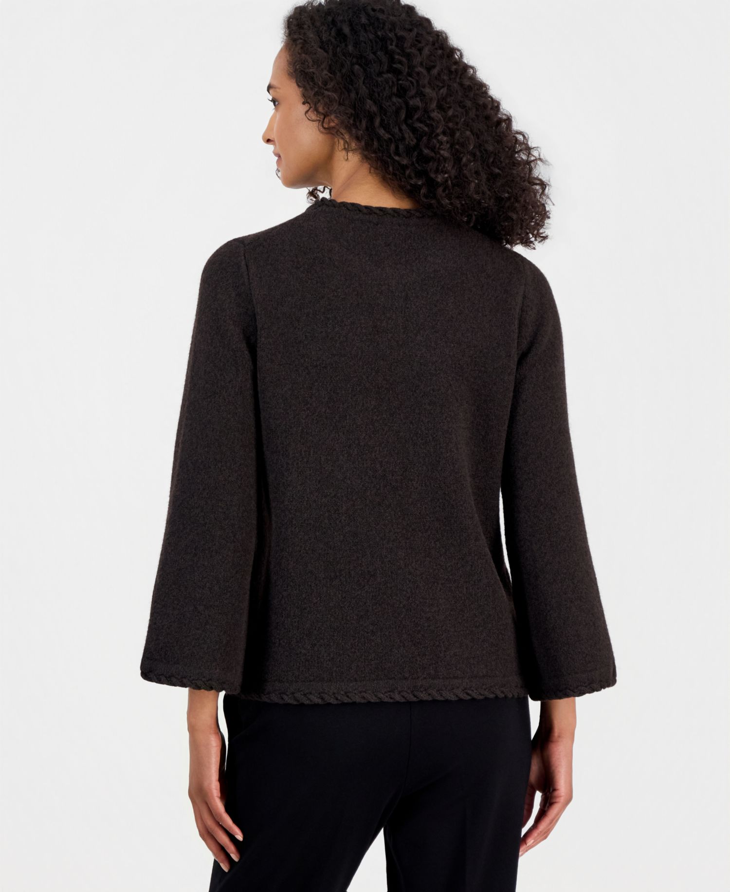 Petite Braided-Trim Long-Bell-Sleeve Sweater