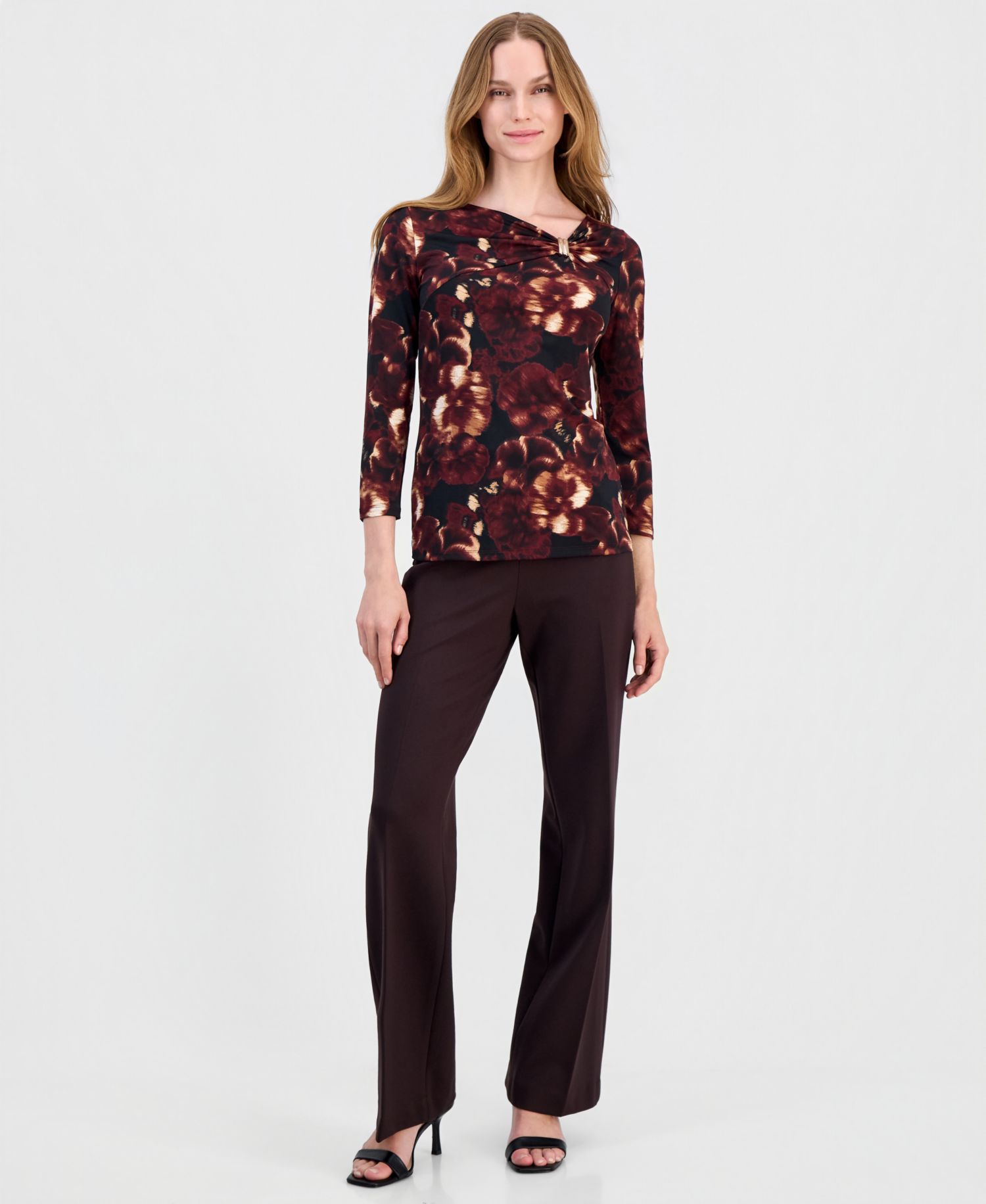 Petite Printed Asymmetric-Neck 3/4-Sleeve Top