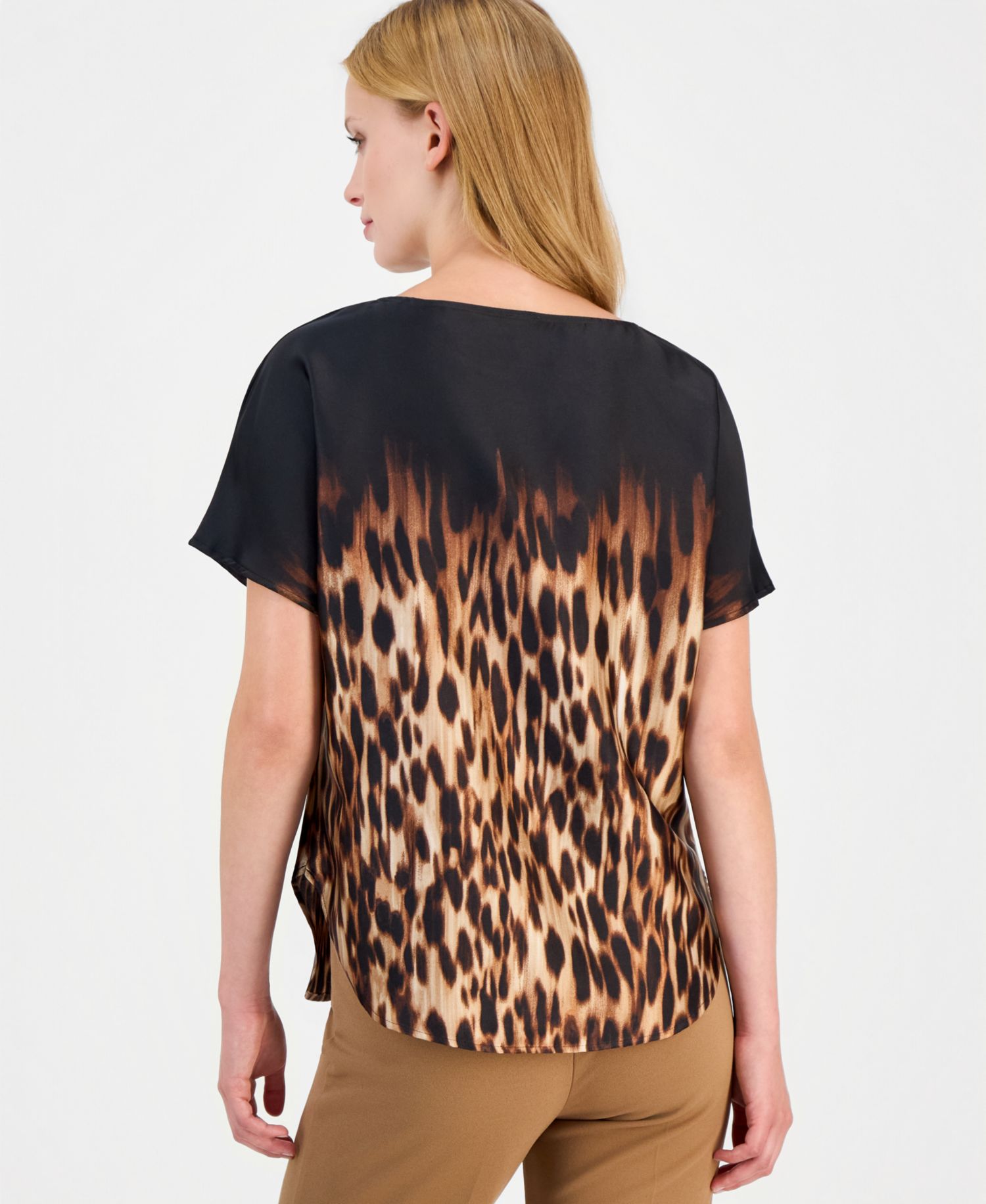Petite Leopard-Print Bateau Neck Short-Sleeve Blouse