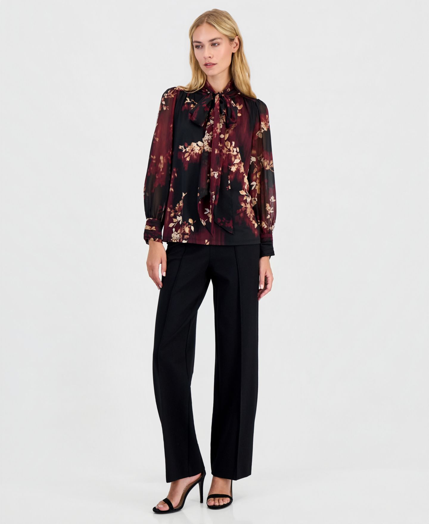 Женская блузка Anne Klein Long-Sleeve Floral Bow Blouse, цвет: Чёрный разноцветный — фото 2