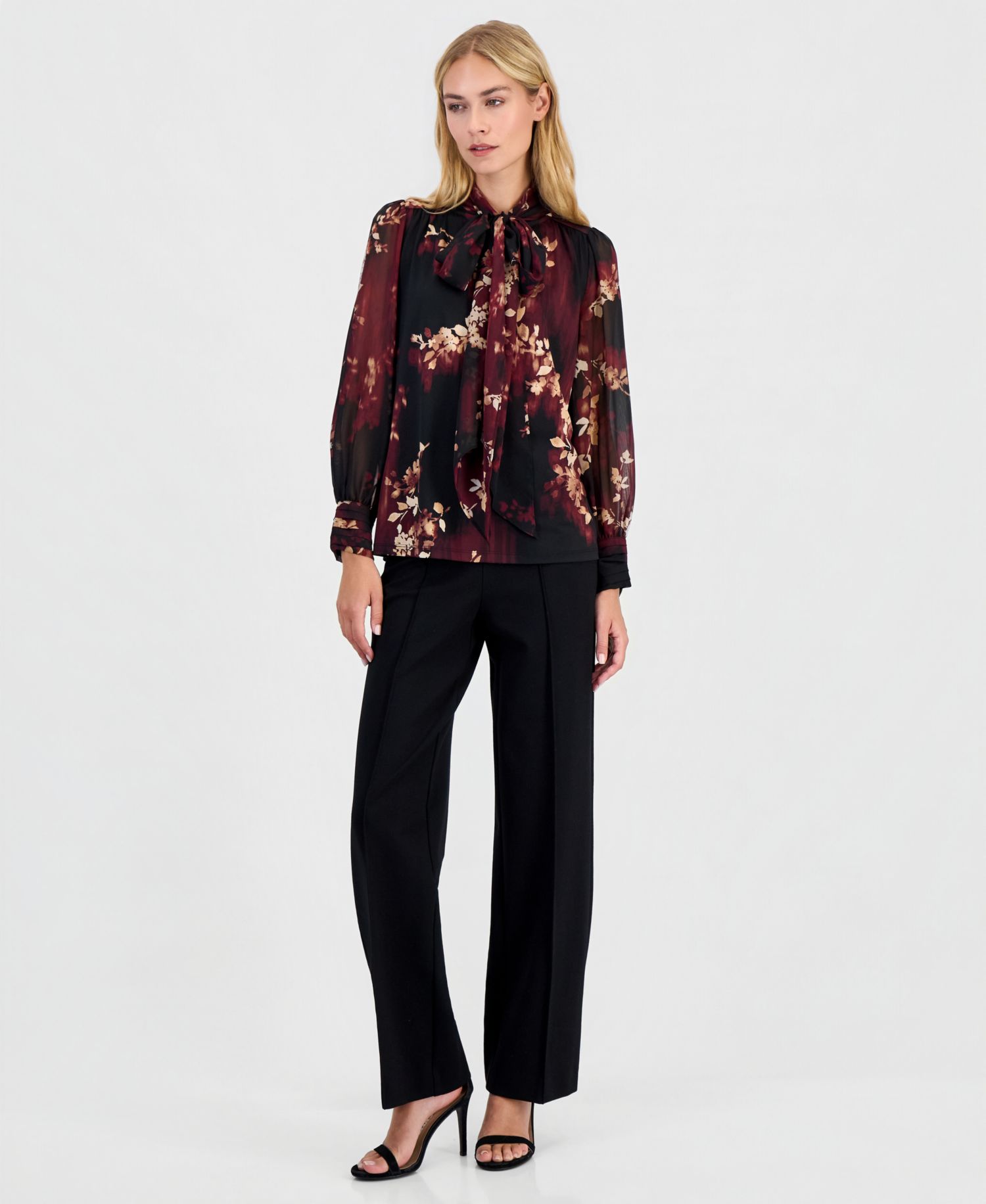 Petite Long-Sleeve Floral Bow Blouse