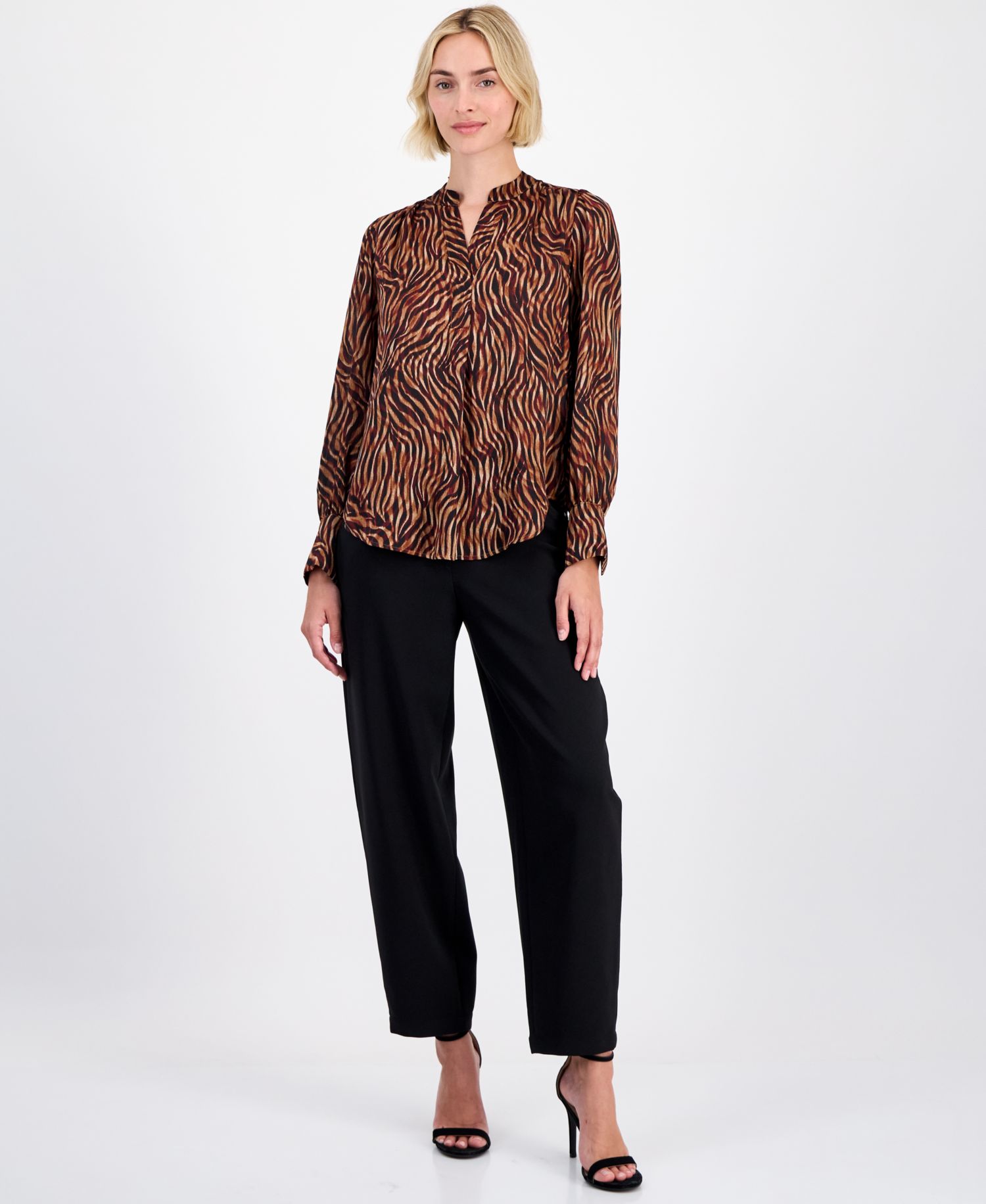 Women's Printed V-Neck Long-Sleeve Blouse