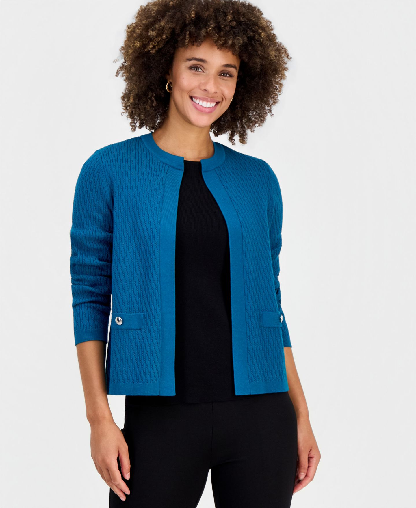 Женский кардиган Kasper Round-Neck Long-Sleeve Cardigan, цвет: Бирюзовый — фото 2