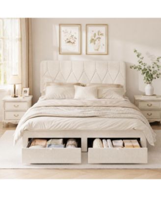 Bed Frame with 2 Drawers, Velvet Upholstered Platform Bed with Wooden Slats for Bedroom, Wooden Slats Support, No Box Spring Needed, Easy Assembly