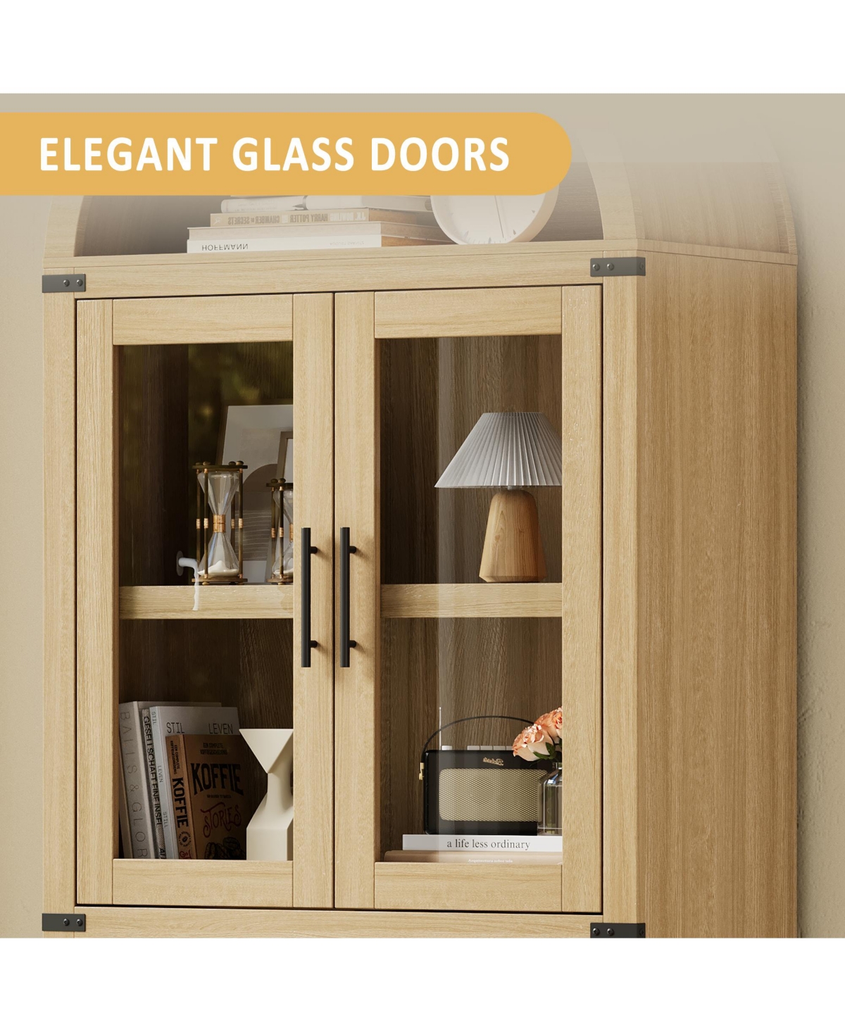 homfan Modern Farmhouse Arched Top Bookcase, Mdf Storage Cabinet with Glass Doors and Anti-Tip Straps, Easy Assembly Display Shelf