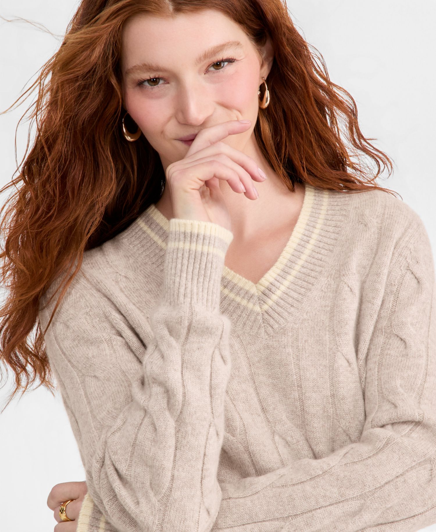 Women's 100% Cashmere Cable-Knit Tipped V-Neck Sweater