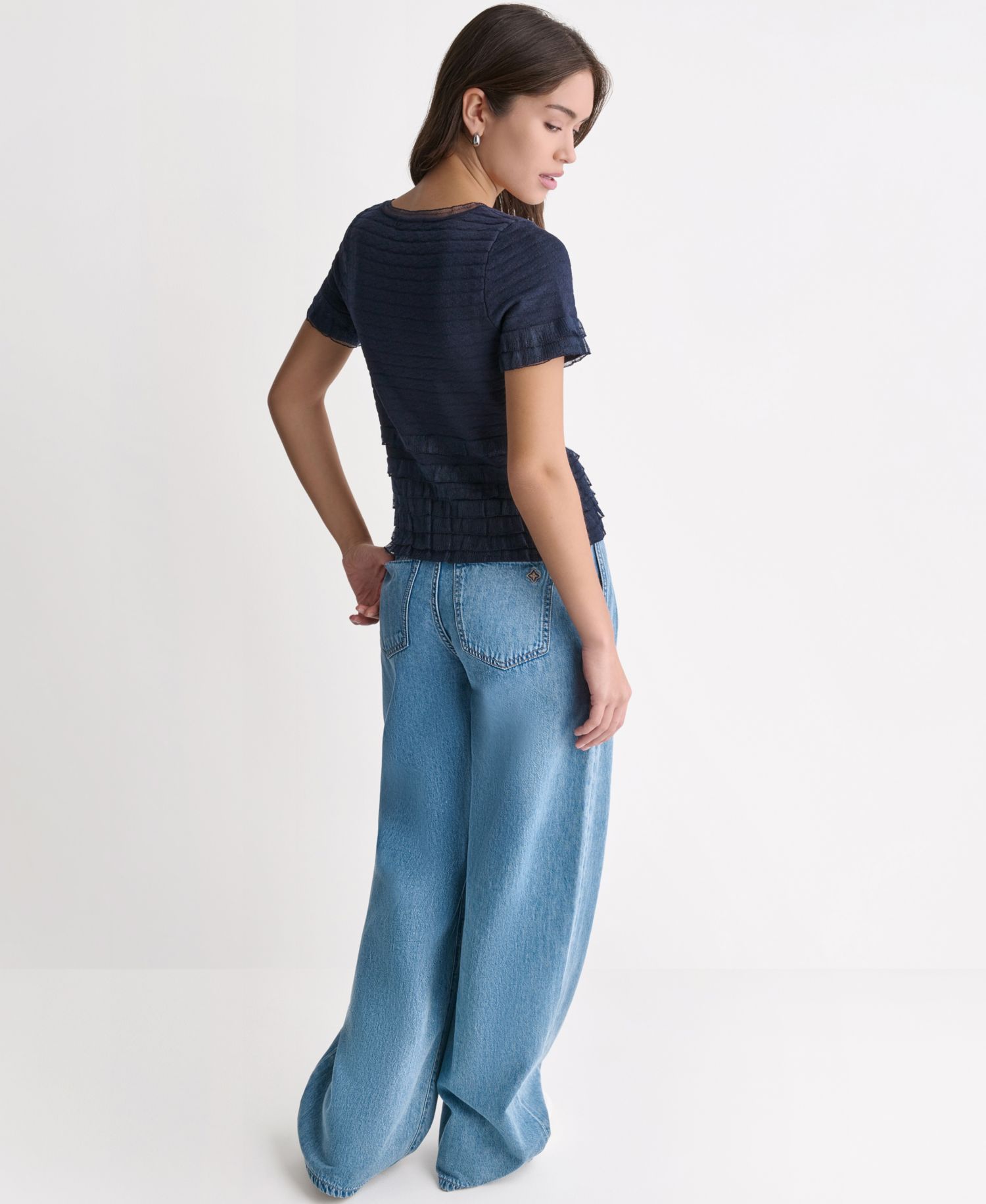 Women's Pointelle Ruffle Short-Sleeve Sweater
