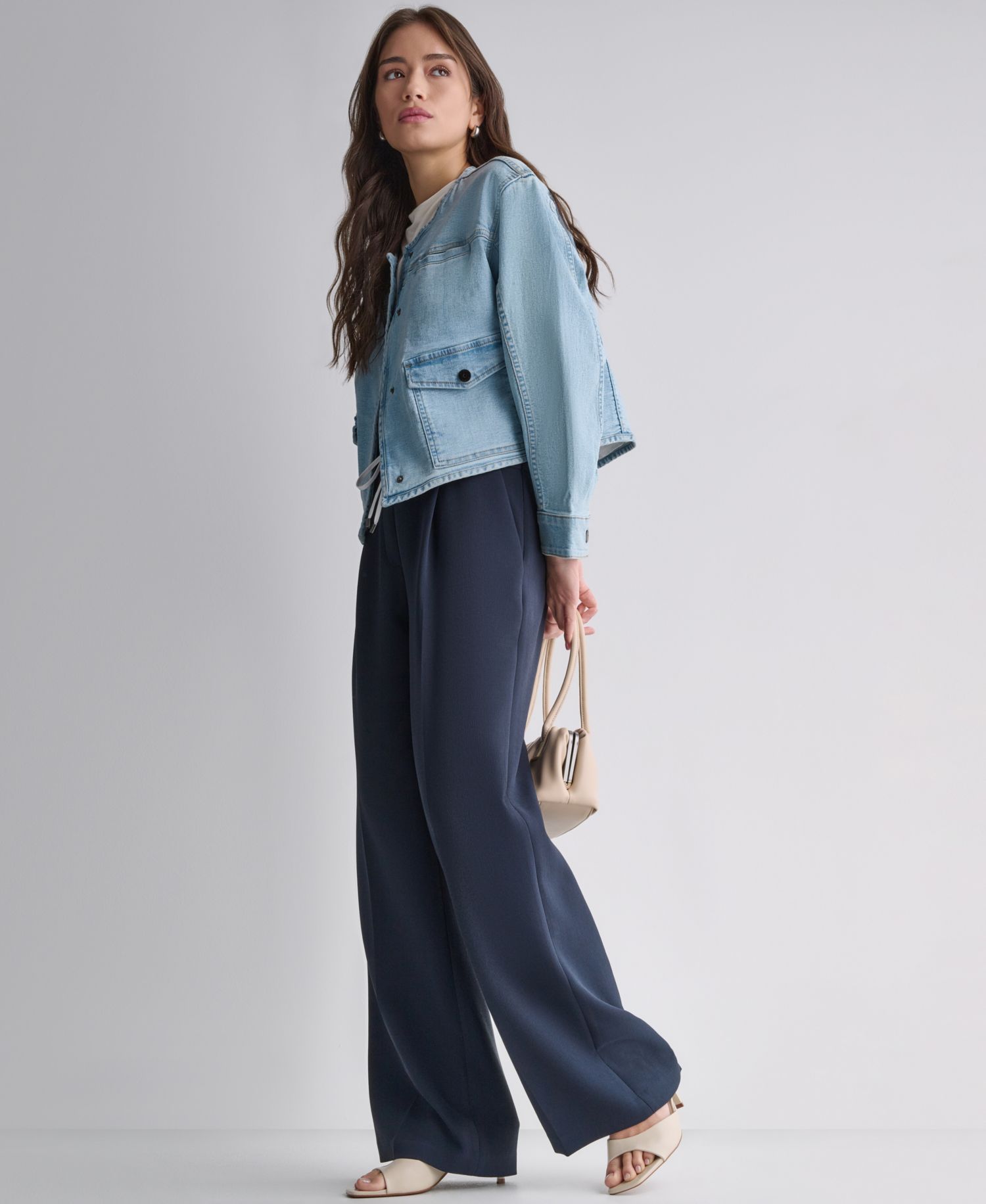 Women's Wide-Leg Contrast Waist Pleated Front Pants