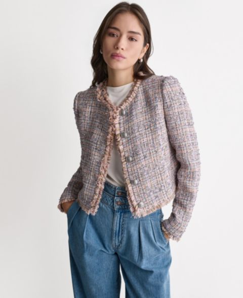 Женские куртки BCBG Crewneck Fringe Detail Tweed Jacket