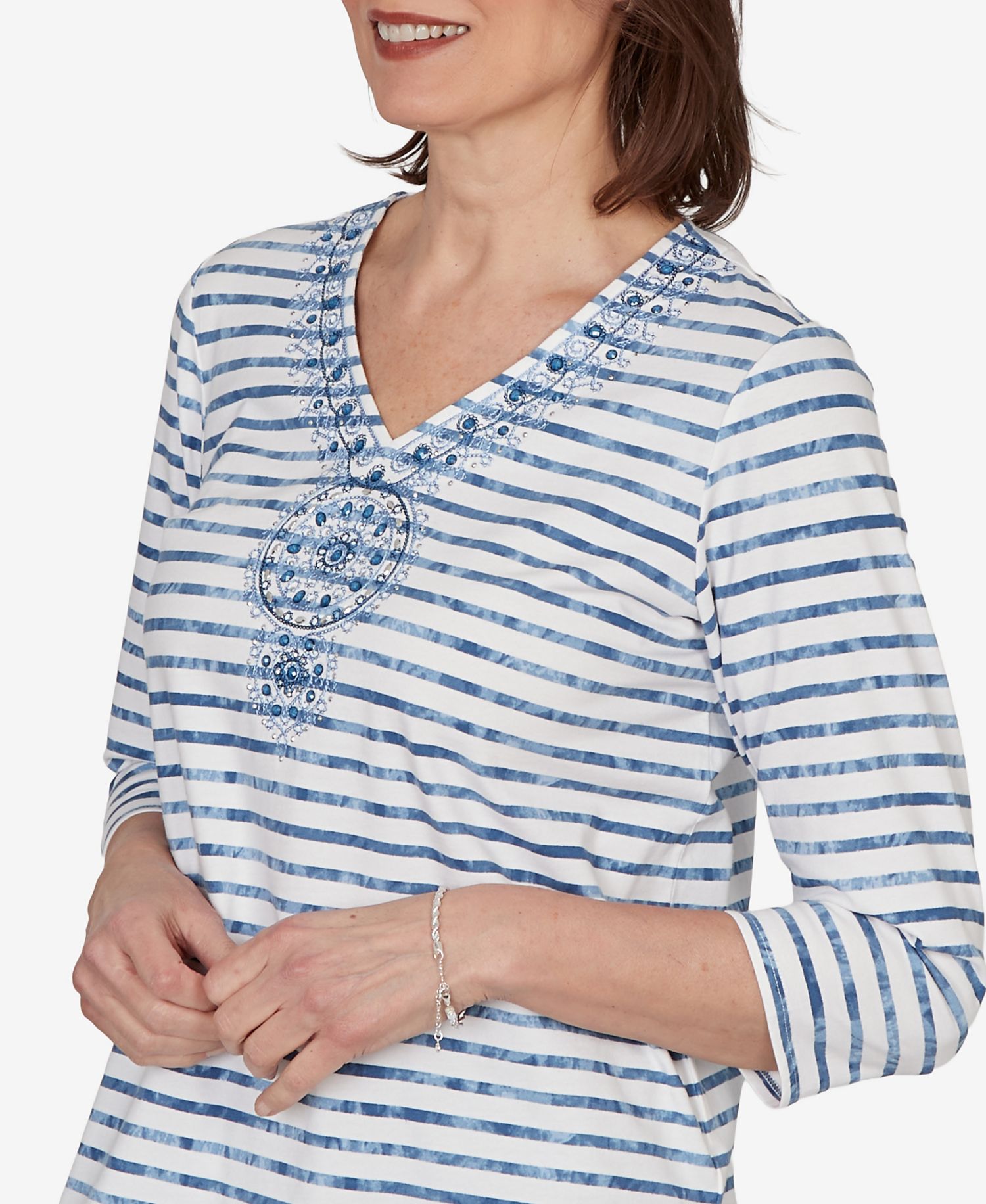 Petite Medallion Embroidered Stripe Top