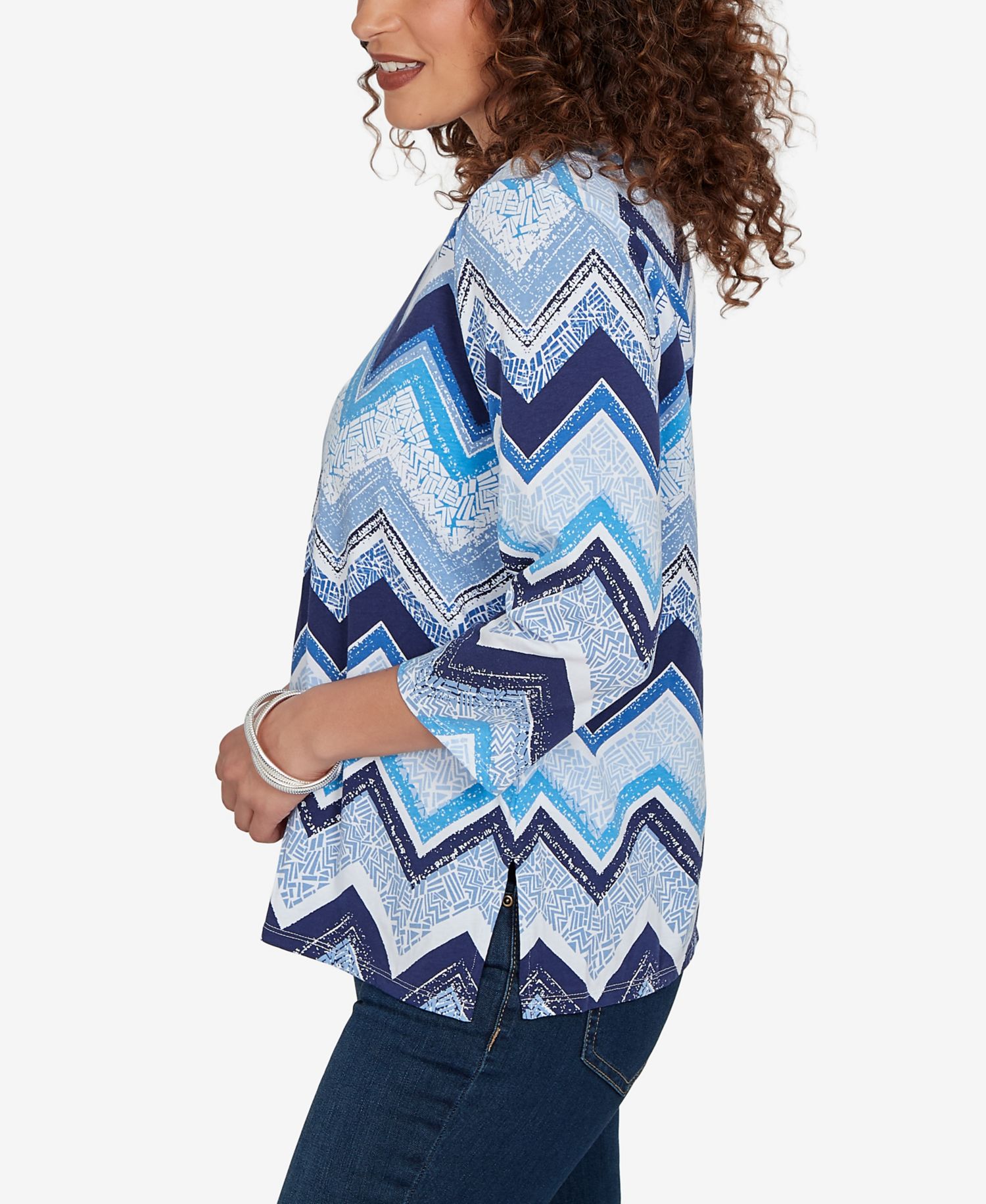 Petite Chevron Blues Split Neck Top
